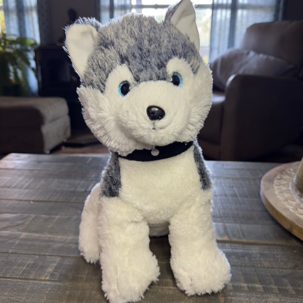 LINZY Toys Husky Puppy‎ Dog Plush Stuffed Animal Black White Collar 15"